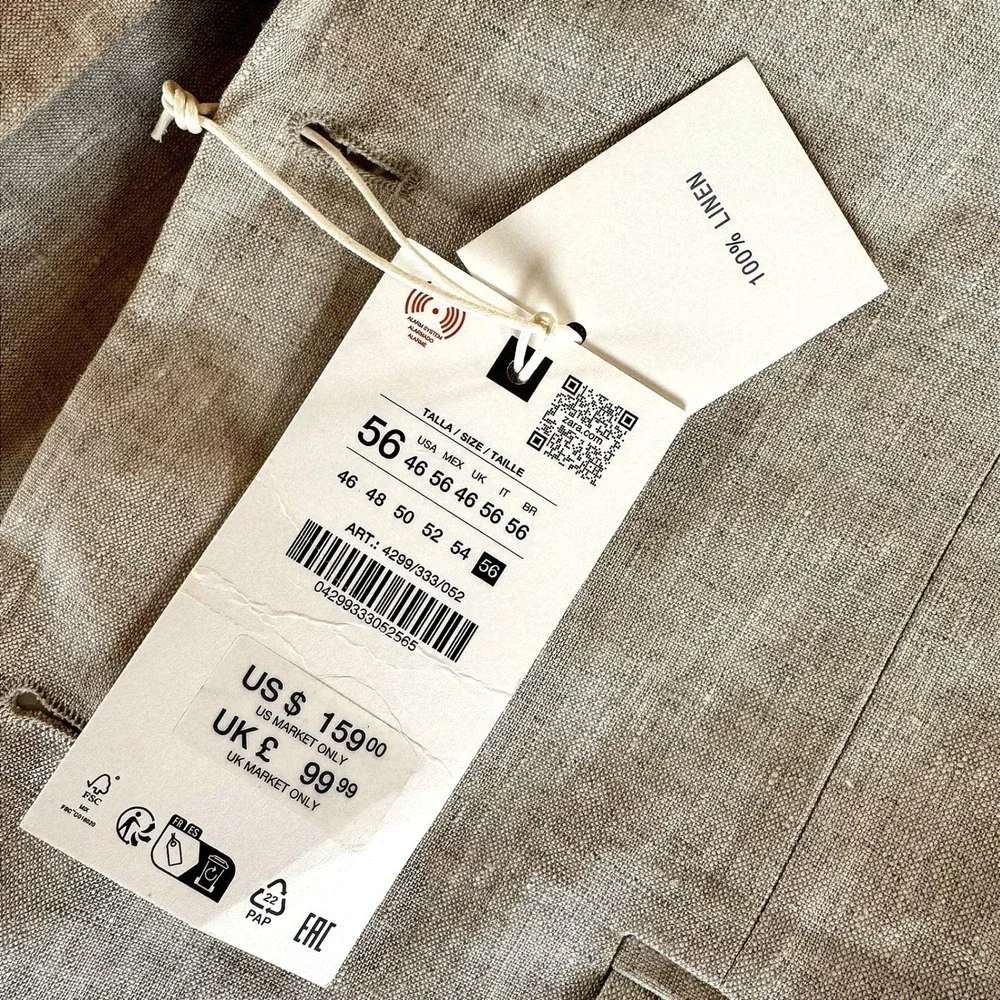 Zara 100% Linen Blazer Sport Coat Oatmeal Beige NWT Mens 46R EU56